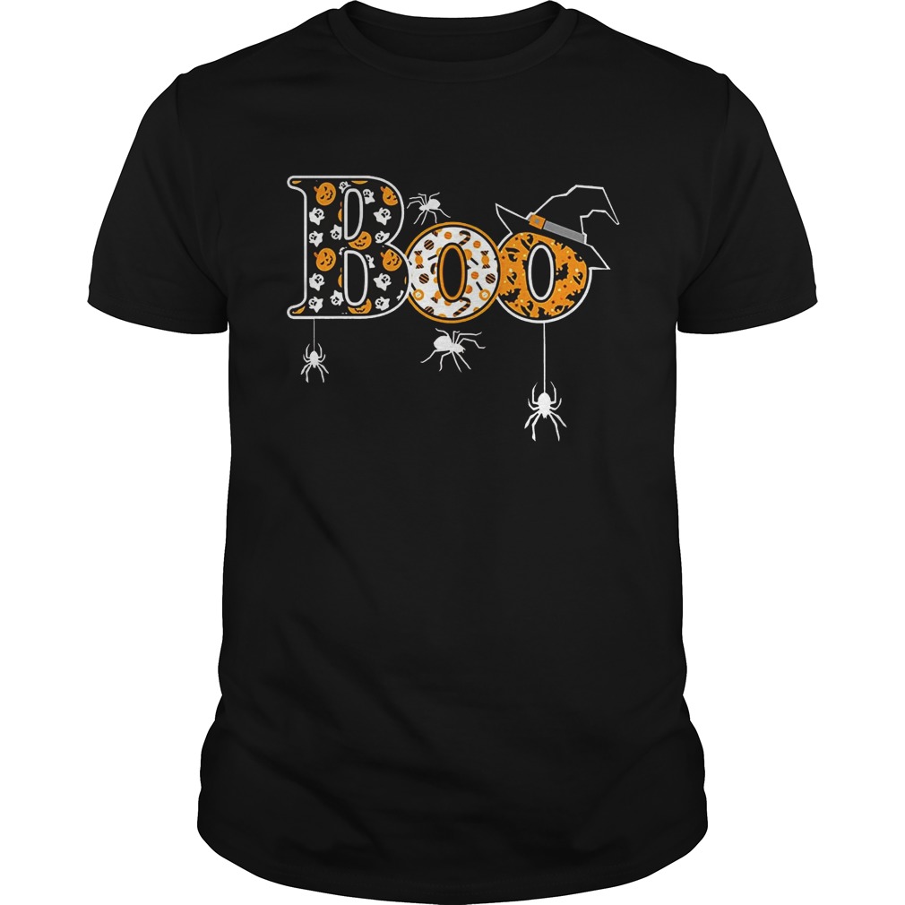 Boo Halloween TShirt With Spiders And Witch Hat