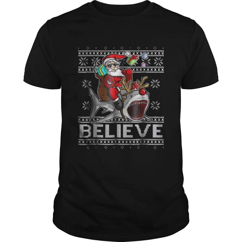 Believe in Santa Riding Shark Christmas Ugly Sweater