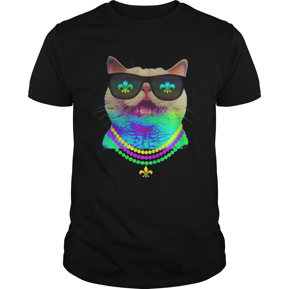 Cat Face Mardi Gras Sunglasses Beads T-Shirt