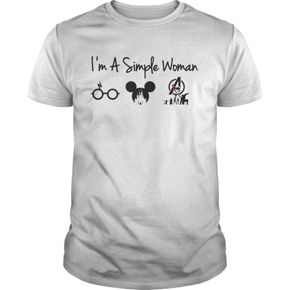 I’m a simple woman I like Harry Potter Disney and Superman shirt