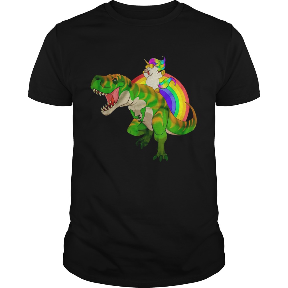 Rainbow Unicorn Riding T-Rex Shirt