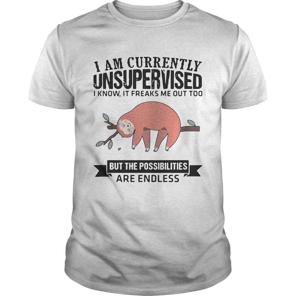 Sloth I am currently unsupervised I know It freaks me out too but the possibilities are endless shirt