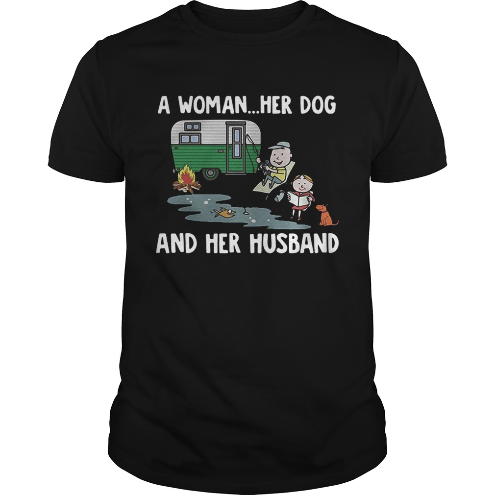 Camping a woman her dog and her husband shirt