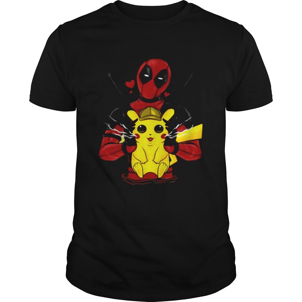 Deadpool hugging detective Pikachu shirt
