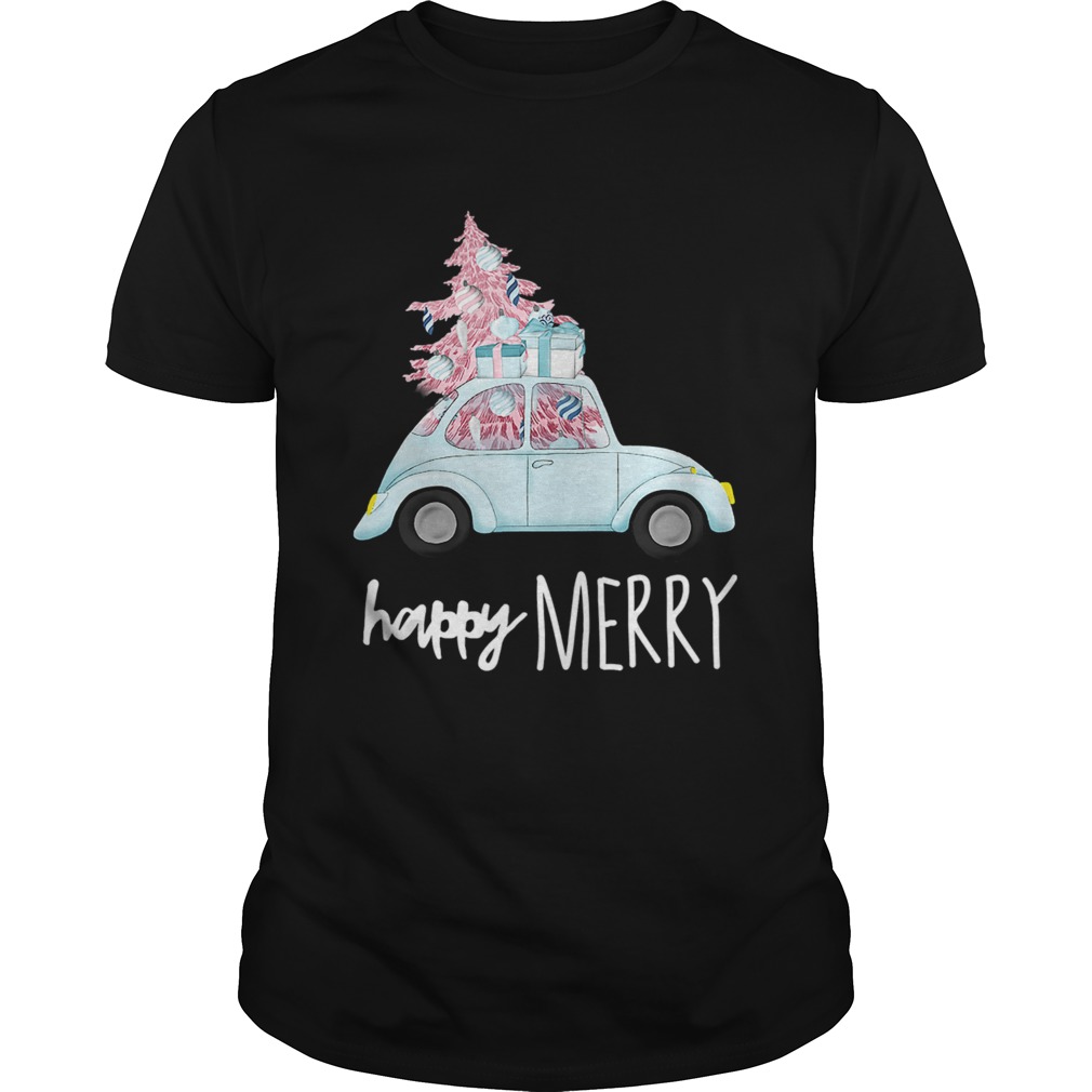 Happy Merry Vintage Car Christmas Holiday Pink Xmas Tree shirt
