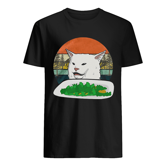 Woman Yelling Confused White Cat At Dinner Vintage shirt