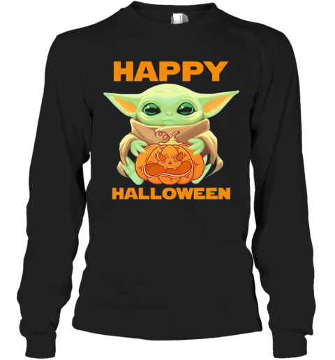 Baby Yoda Hug Pumpkin Happy Halloween T-Shirt Long Sleeved T-shirt