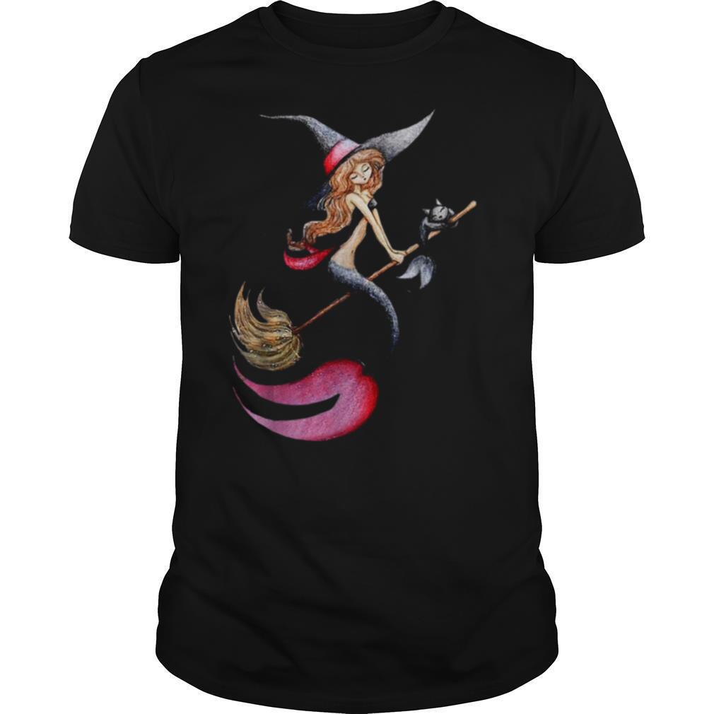 Halloween Witch Mermaid Is Riding A Broom WIth Her Cat shirt