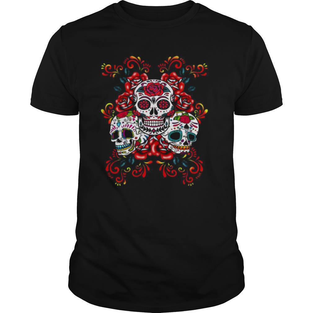Triple Skull Red Floral Day Of The Dead Sugar Skulls shirt